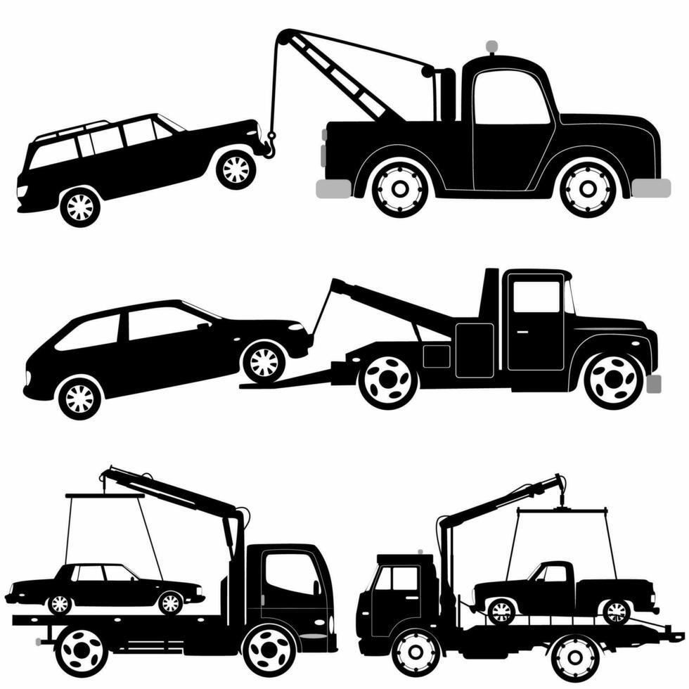 Tow truck silhouettes, vehicles set side view, logos, icons vector