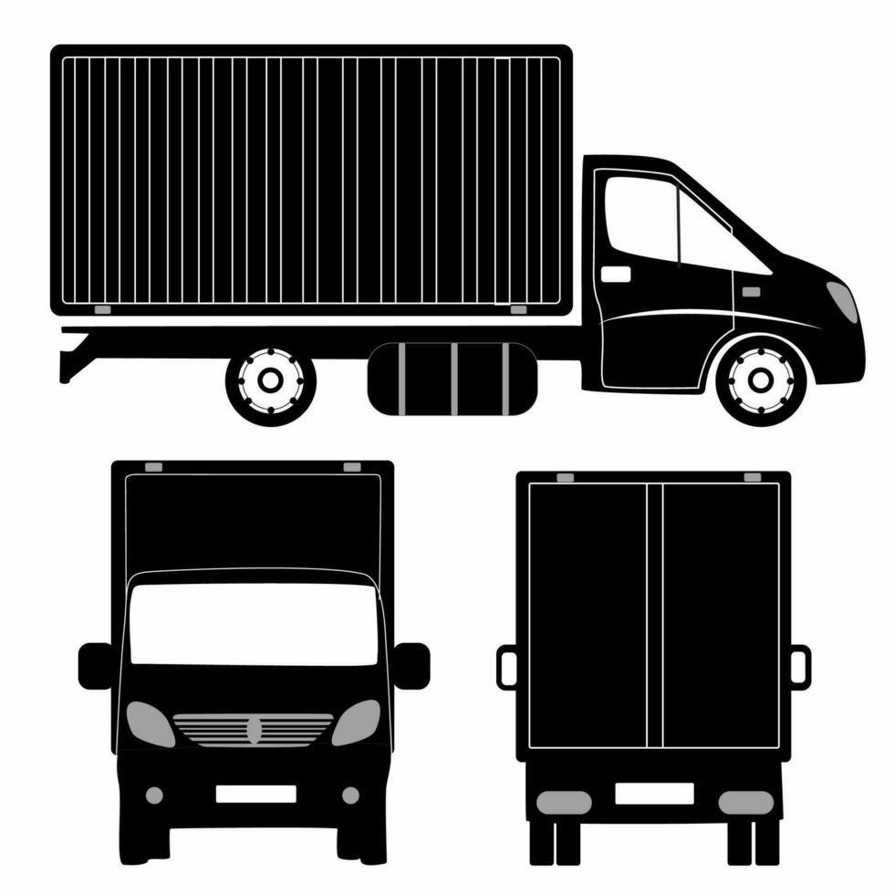 Semi trailer truck silhouette on white background. Vehicle icon set view from side, front, back vector