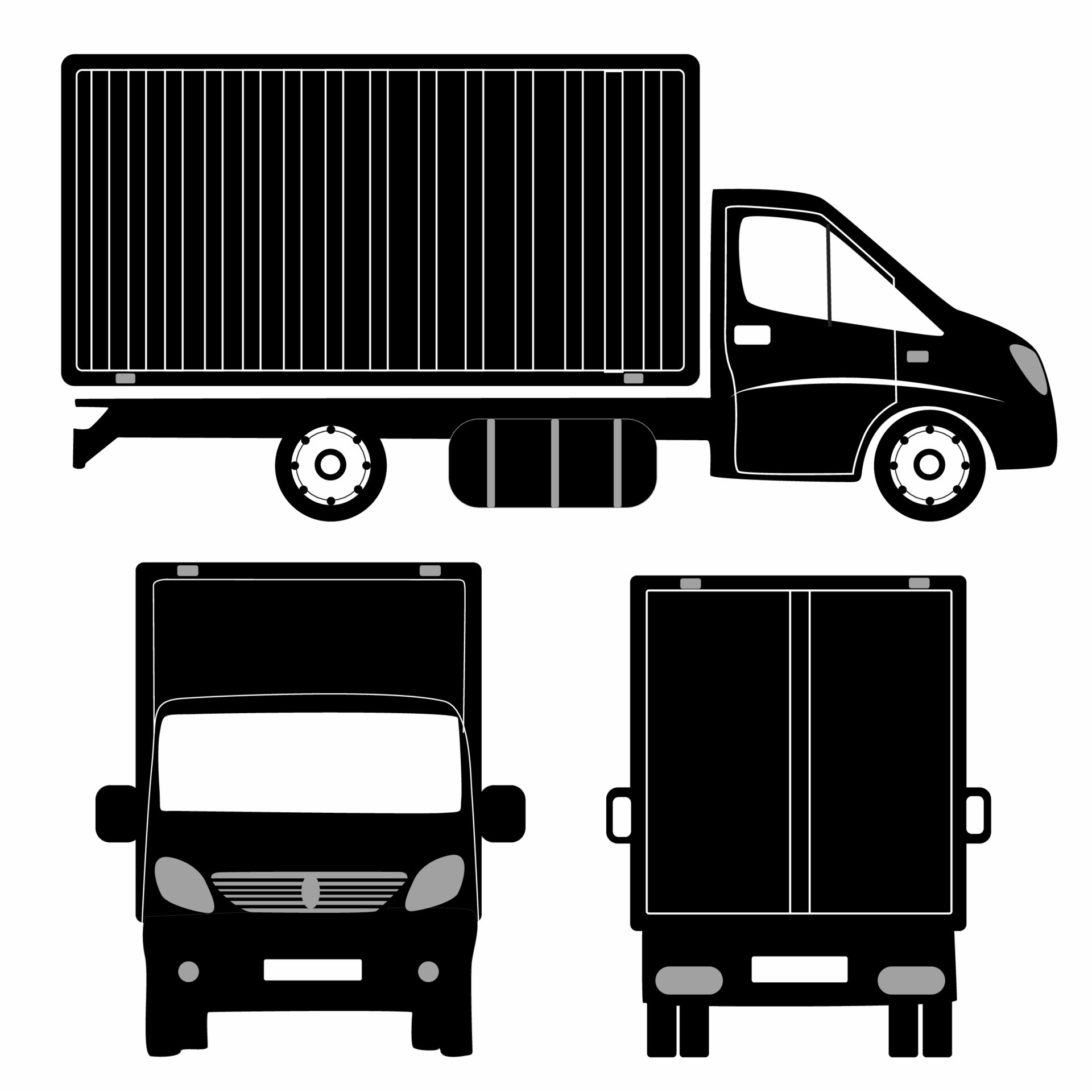 Semi trailer truck silhouette on white background. Vehicle icon set