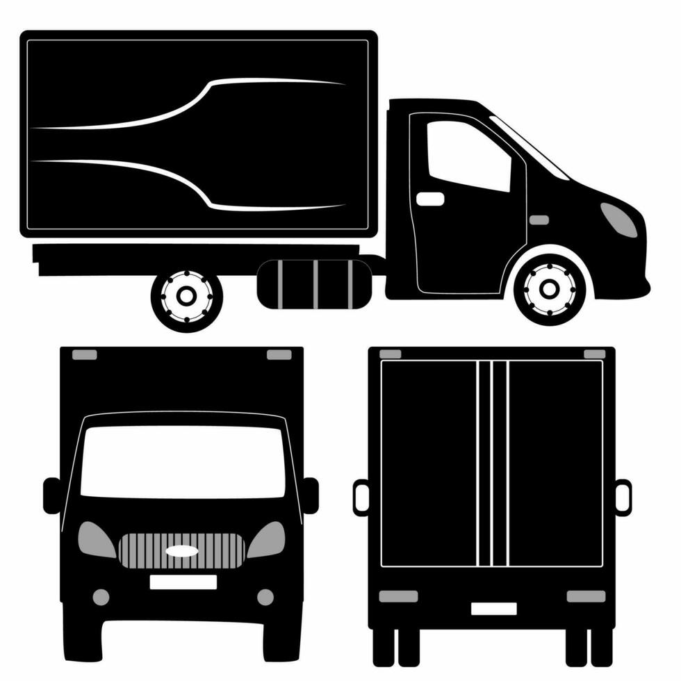 Semi trailer truck silhouette on white background. Vehicle icon set view from side, front, back vector