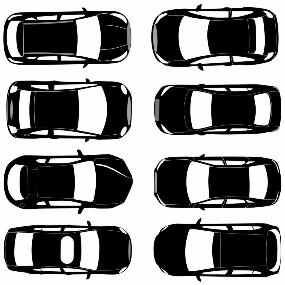 set of different Car silhouettes viewed from above, logos, icons vector