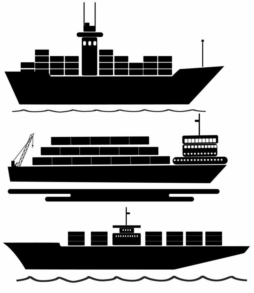 Vector set black silhouettes of different ships, logos, icons