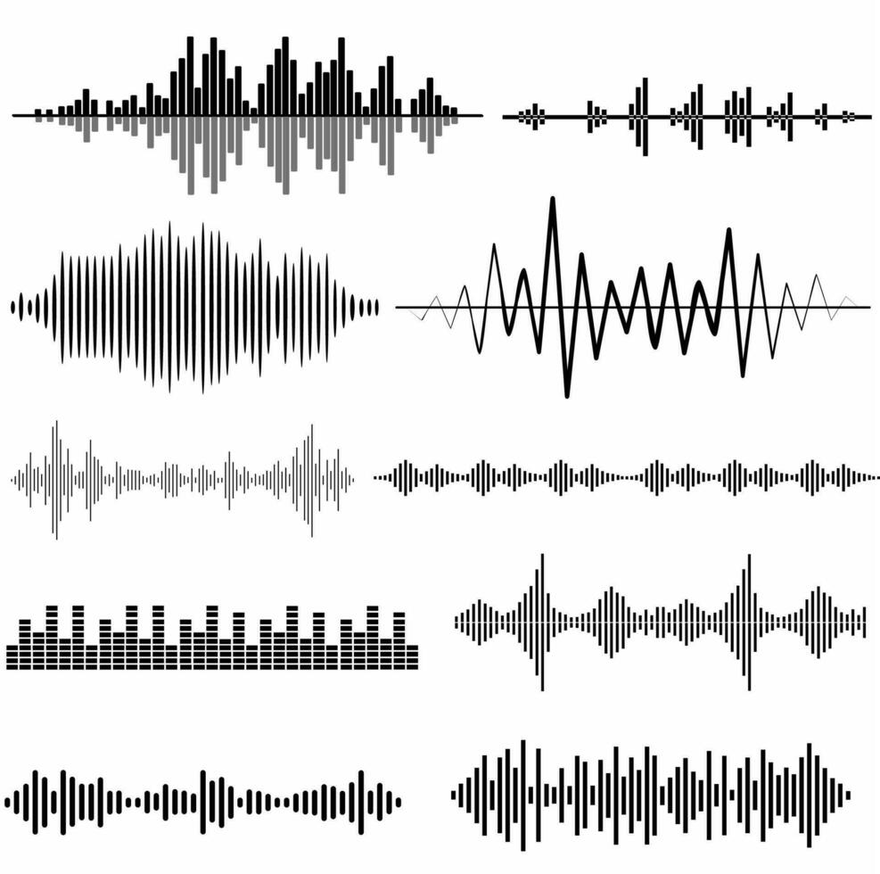 Set of black vector sound waves, equalizer and music icons, white background