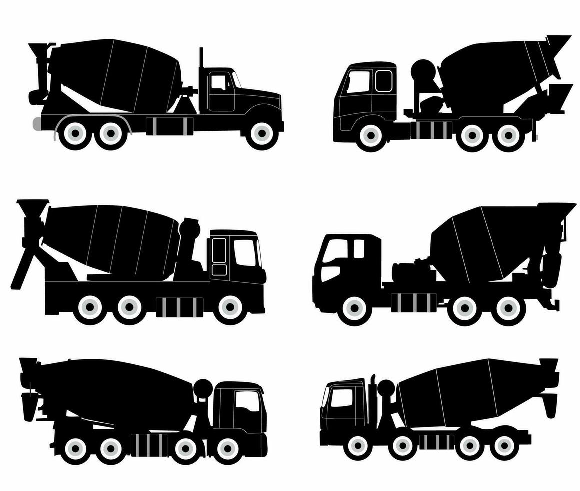 concrete mixer icon set. Side view. Black silhouette. Vector image