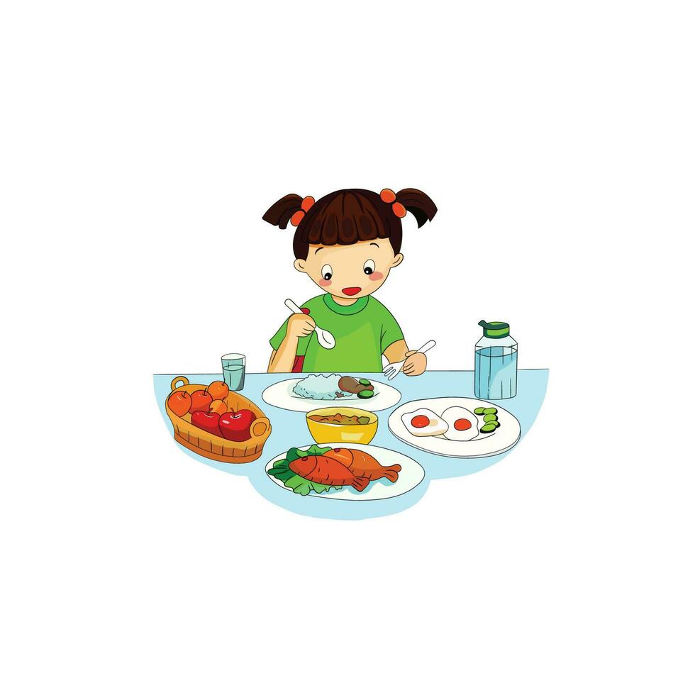 linda dibujos animados contento niña comiendo sano frutas y vegetal alimento. niños disfrutar comiendo delicioso comida para desayuno o almuerzo. pequeño niña comiendo comida a el mesa aislado vector