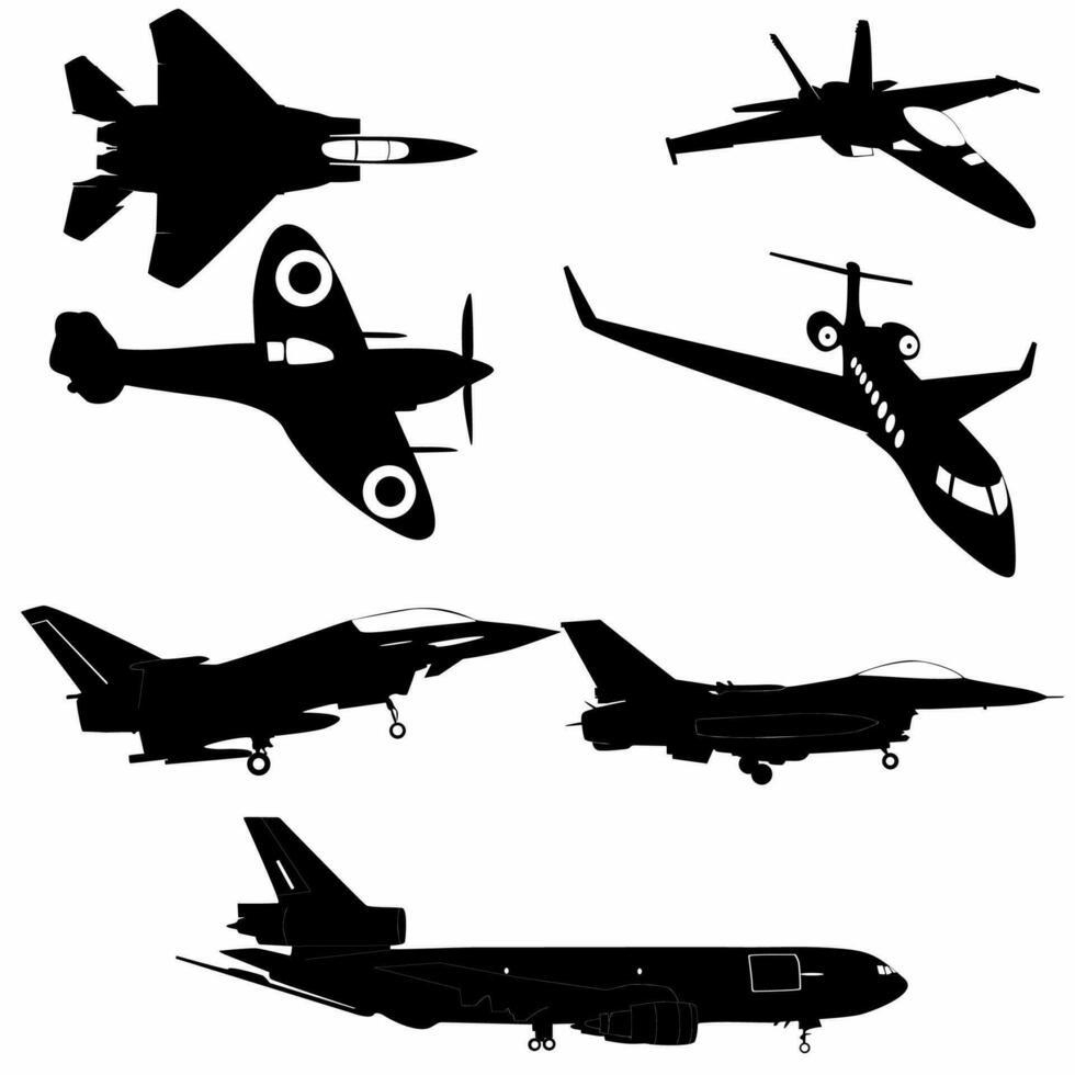 set of silhouettes of passenger airplane and military aircraft, logos, icons vector