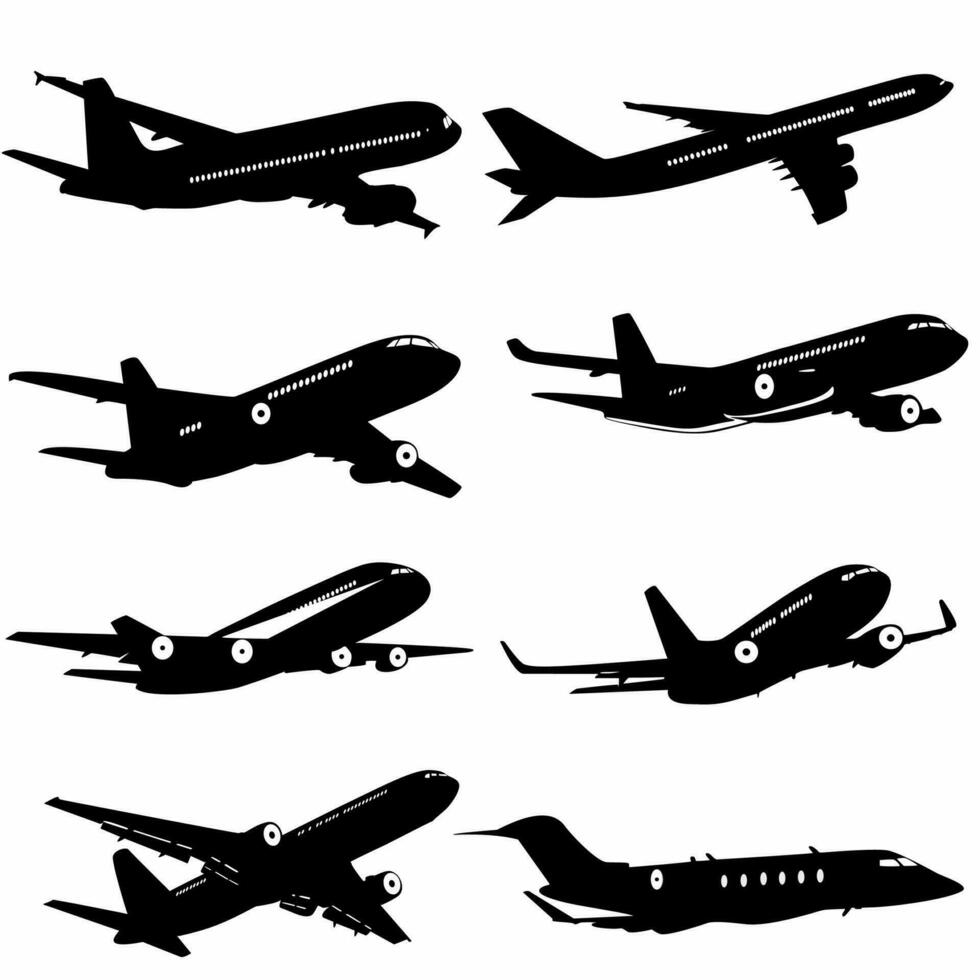 set of silhouettes of passenger airplane and military aircraft, logos, icons vector