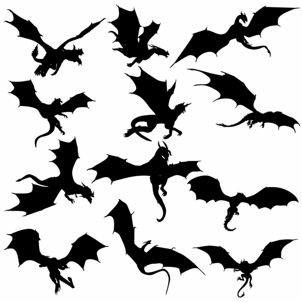 white background dragon silhouette set, logo, icon vector