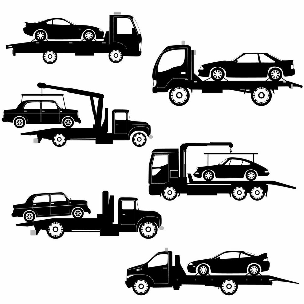 Tow truck silhouettes, vehicles set side view, logos, icons vector