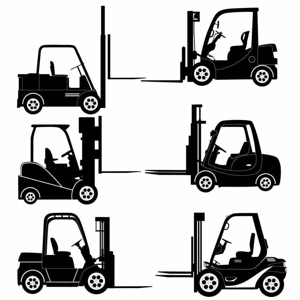 Forklift silhouette set. Heavy construction machine, logo, icon vector