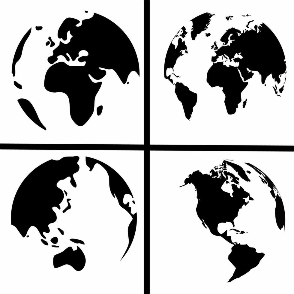 Earth transparent sphere set. Realistic world map in the shape of a globe, logo, icon vector