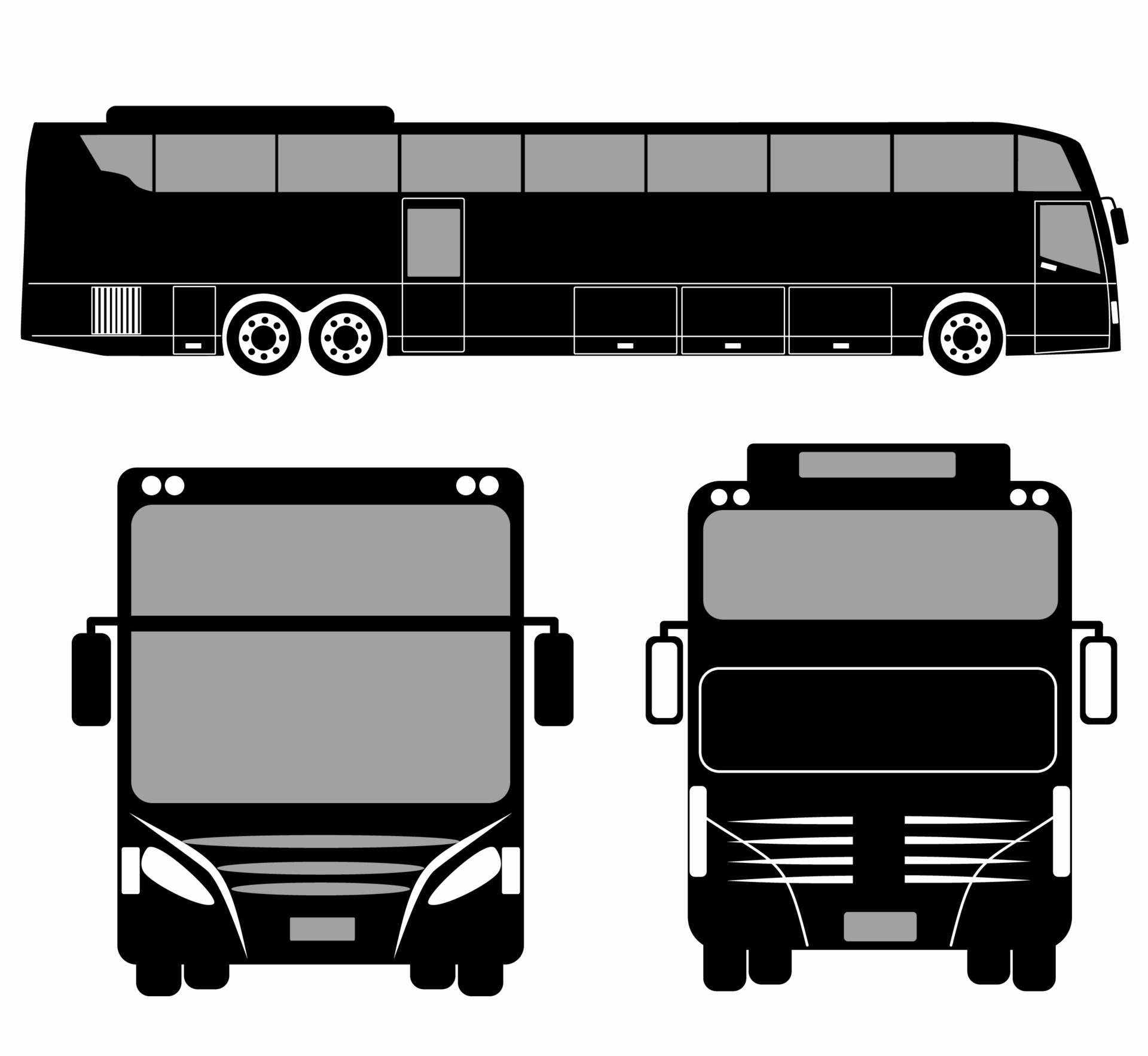 City bus silhouette with. Vehicle icons set the view from side, front