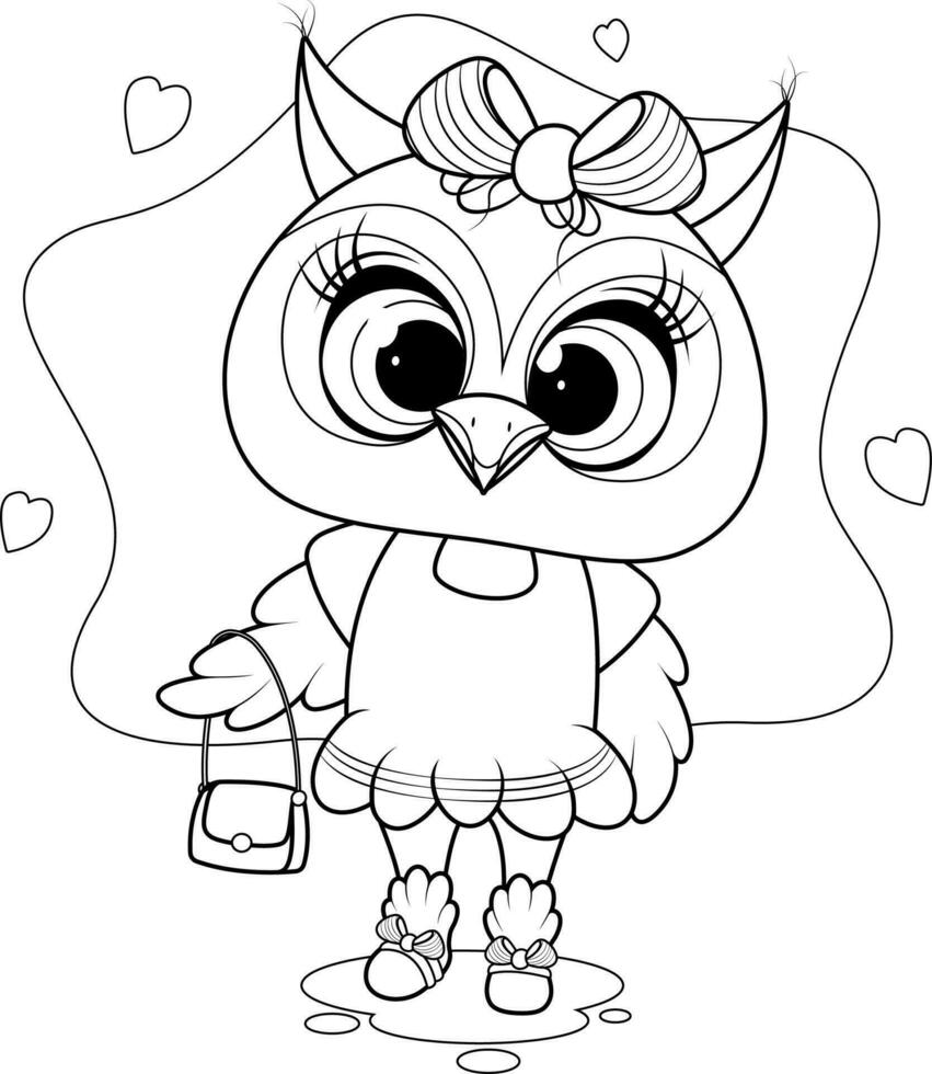 Coloring page. Cute cartoon fashionable owl with bag and bow 23622500 ...