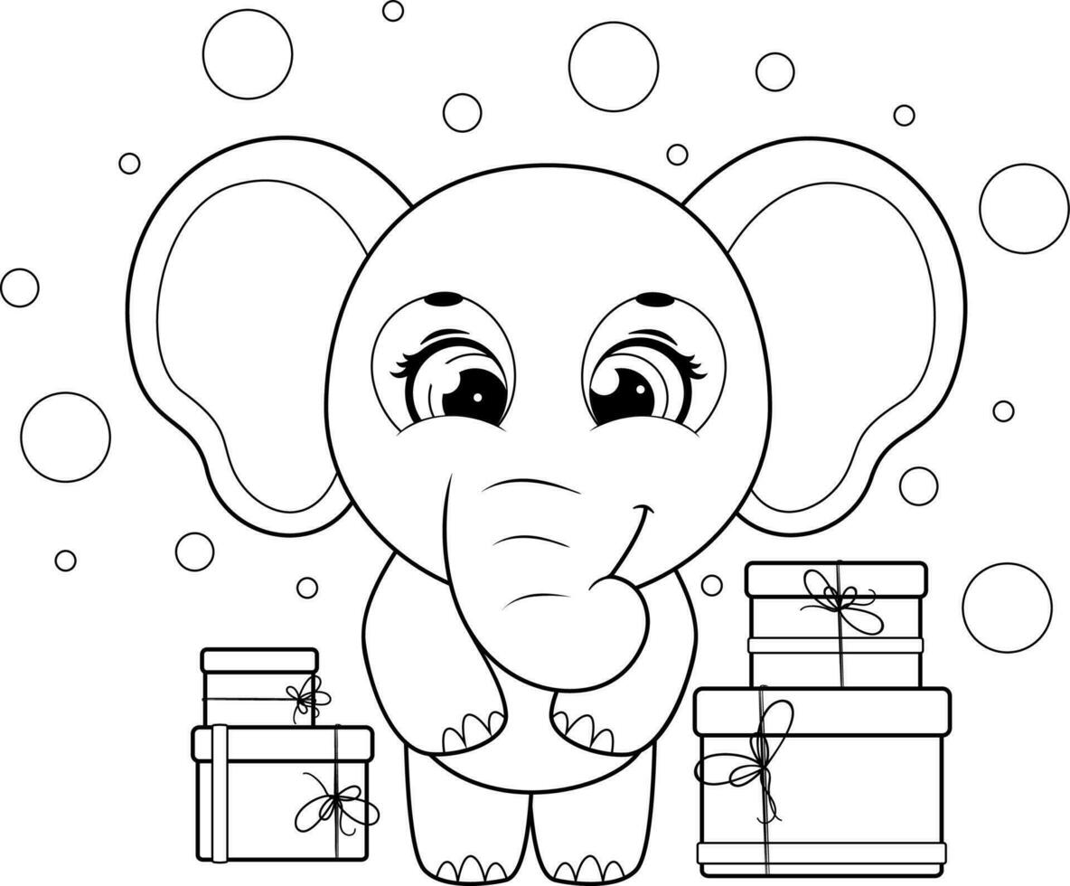 Coloring page. Cheerful cartoon elephant with gifts vector