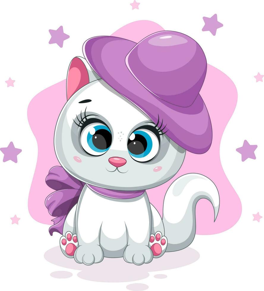 Cute stylish kitty with big hat and bow vector