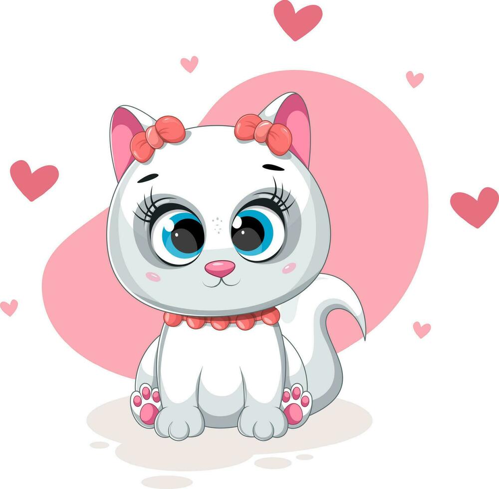 Cartoon kitten with cute bows and hearts vector