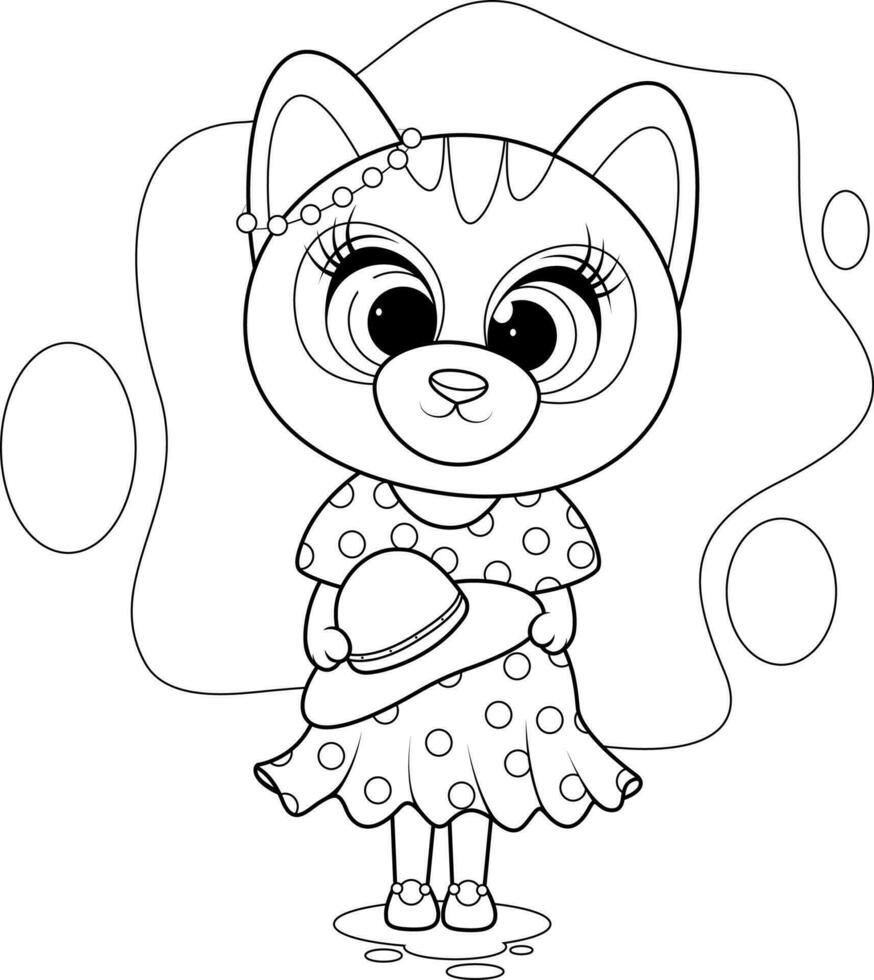 Coloring page. Fashionable kitty in a dress with a hat vector