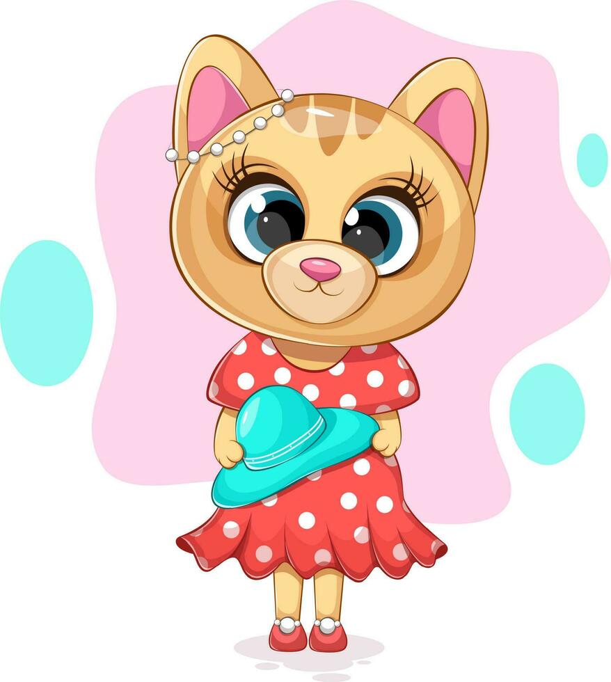 Cartoon and cute fashionable kitty in a dress with a hat vector