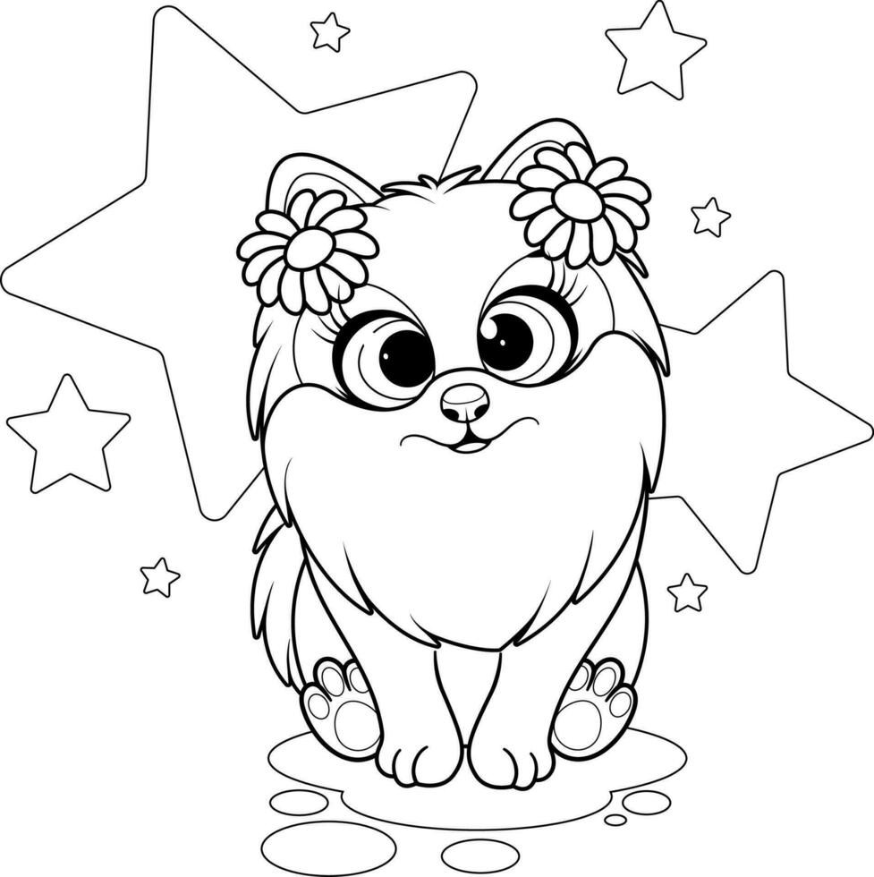 colorante página. pequeño perro, pomeranio perro de Pomerania con flores en cabeza vector