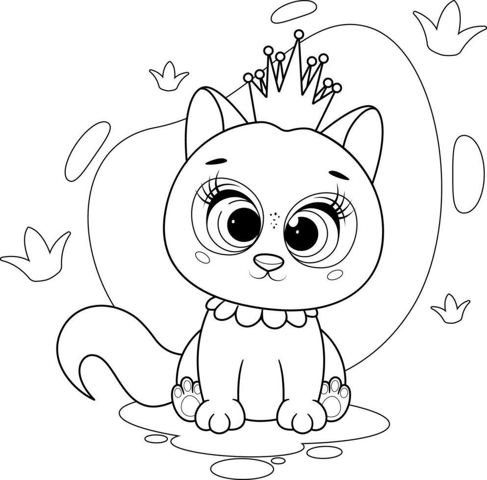 Coloring page. Cute kitten princess with a beautiful royal crown ...