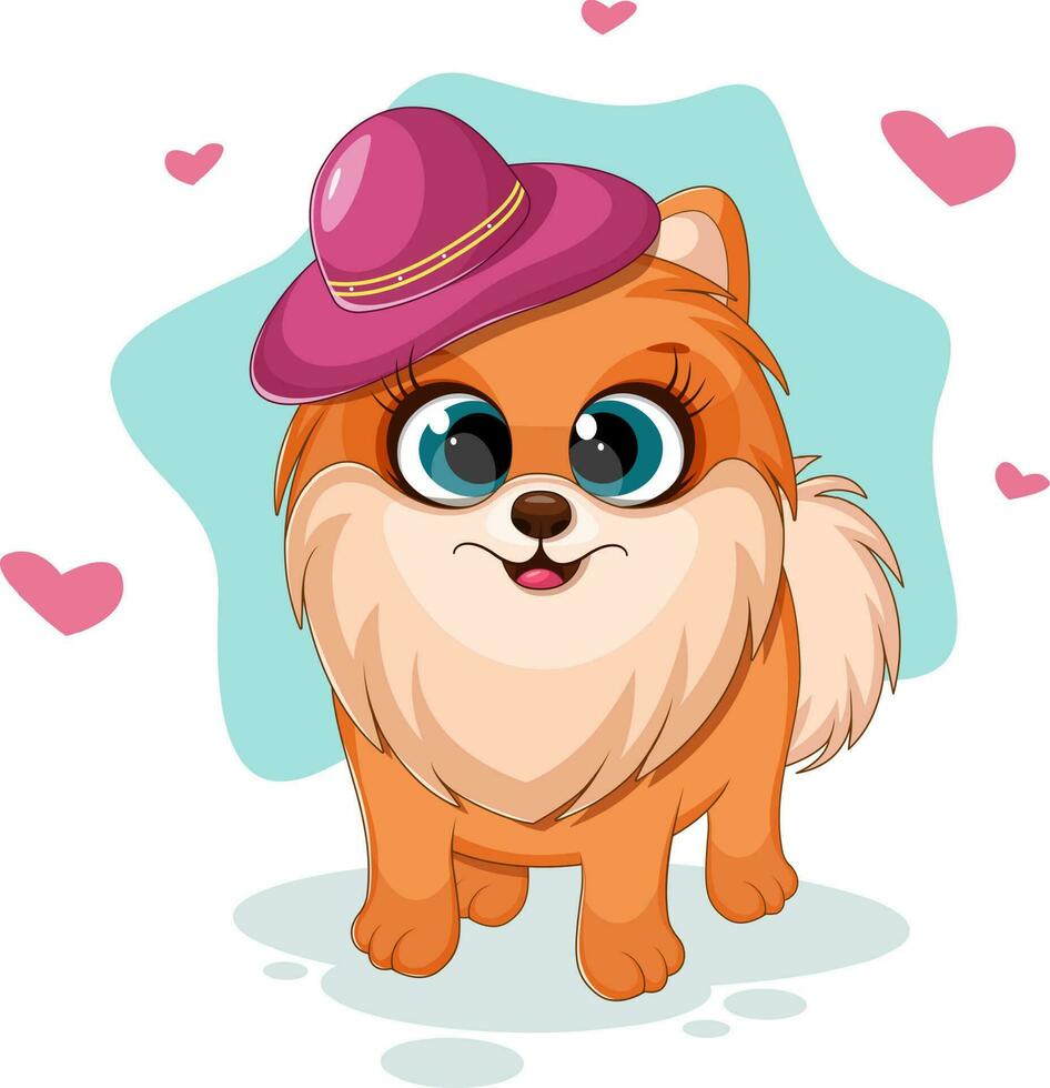 Fashionable and cute dog, pomeranian spitz with hat, fashionable card vector