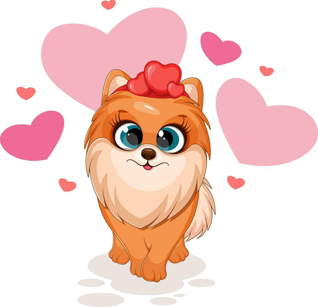 Cartoon cute dog, pomeranian spitz with hearts, love card vector