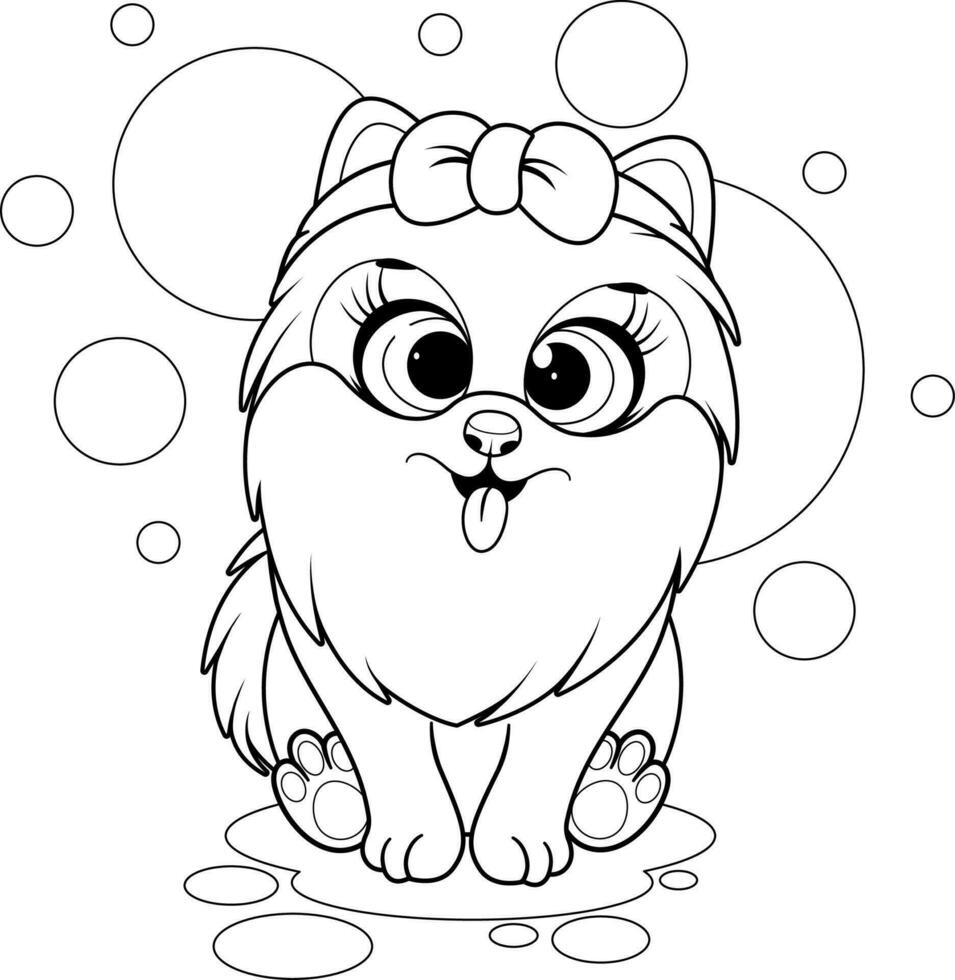 colorante página. linda dibujos animados perro, pomeranio perro de Pomerania con nudo de proa vector