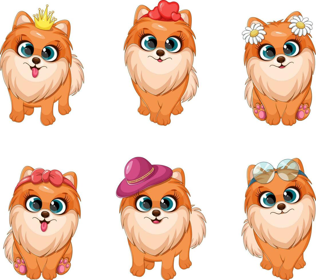 Collection of cute dogs, cartoon pomeranian spitz vector