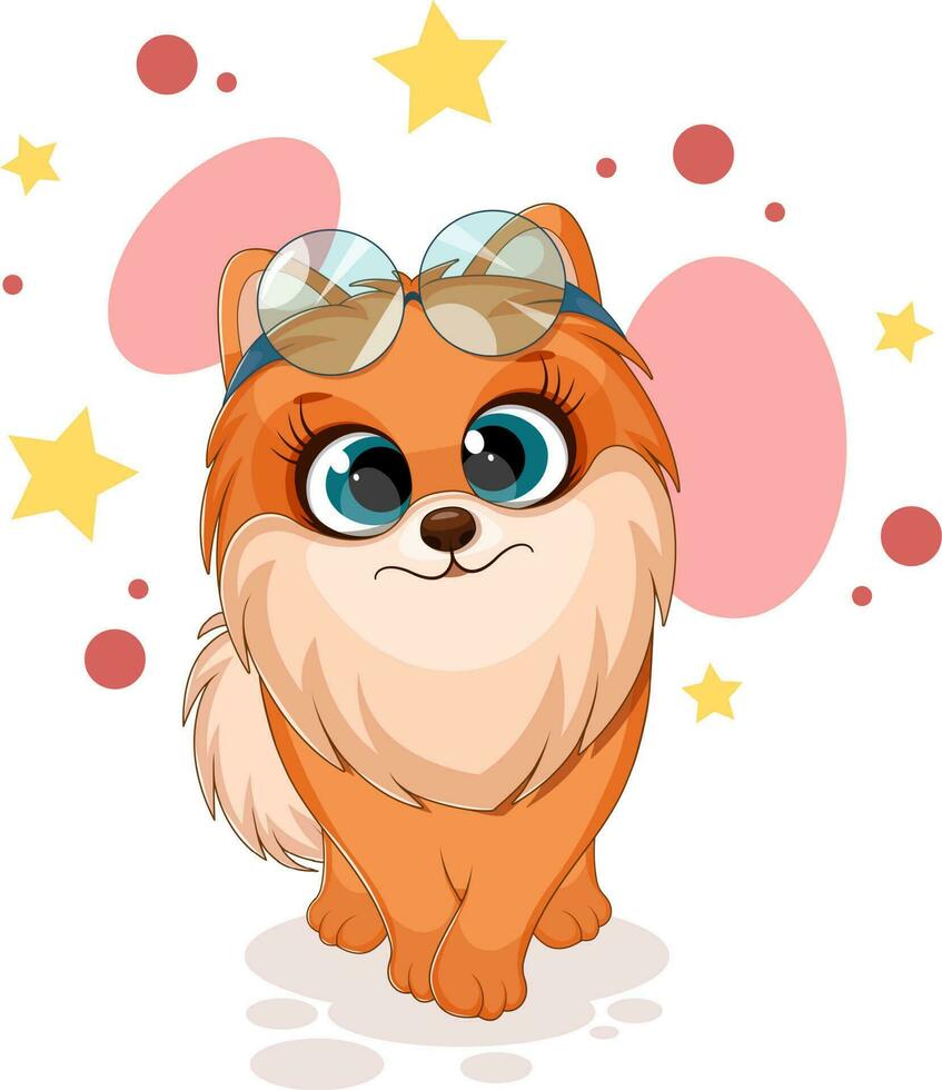 dibujos animados gracioso perro, pomeranio perro de Pomerania con vasos, linda tarjeta vector