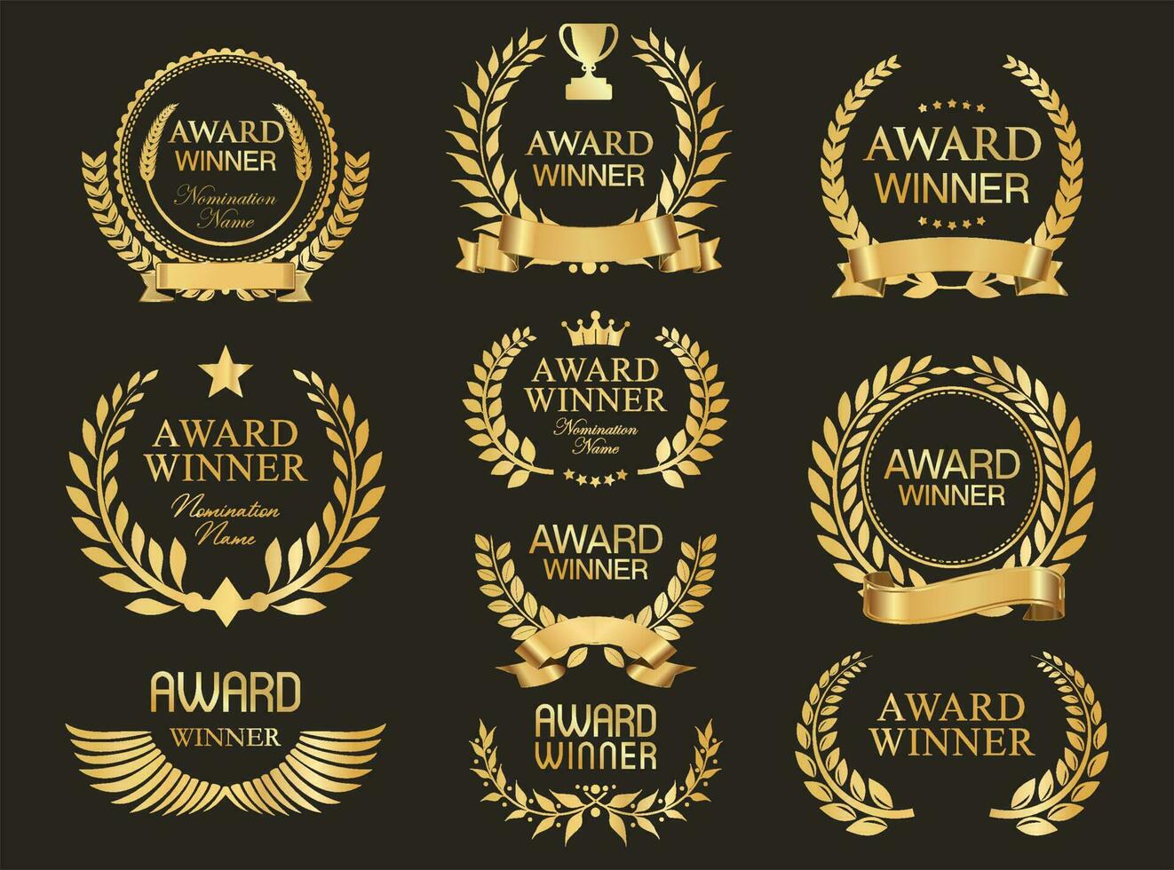 Collection of  Award Winner gold laurel wreath vector illustration
