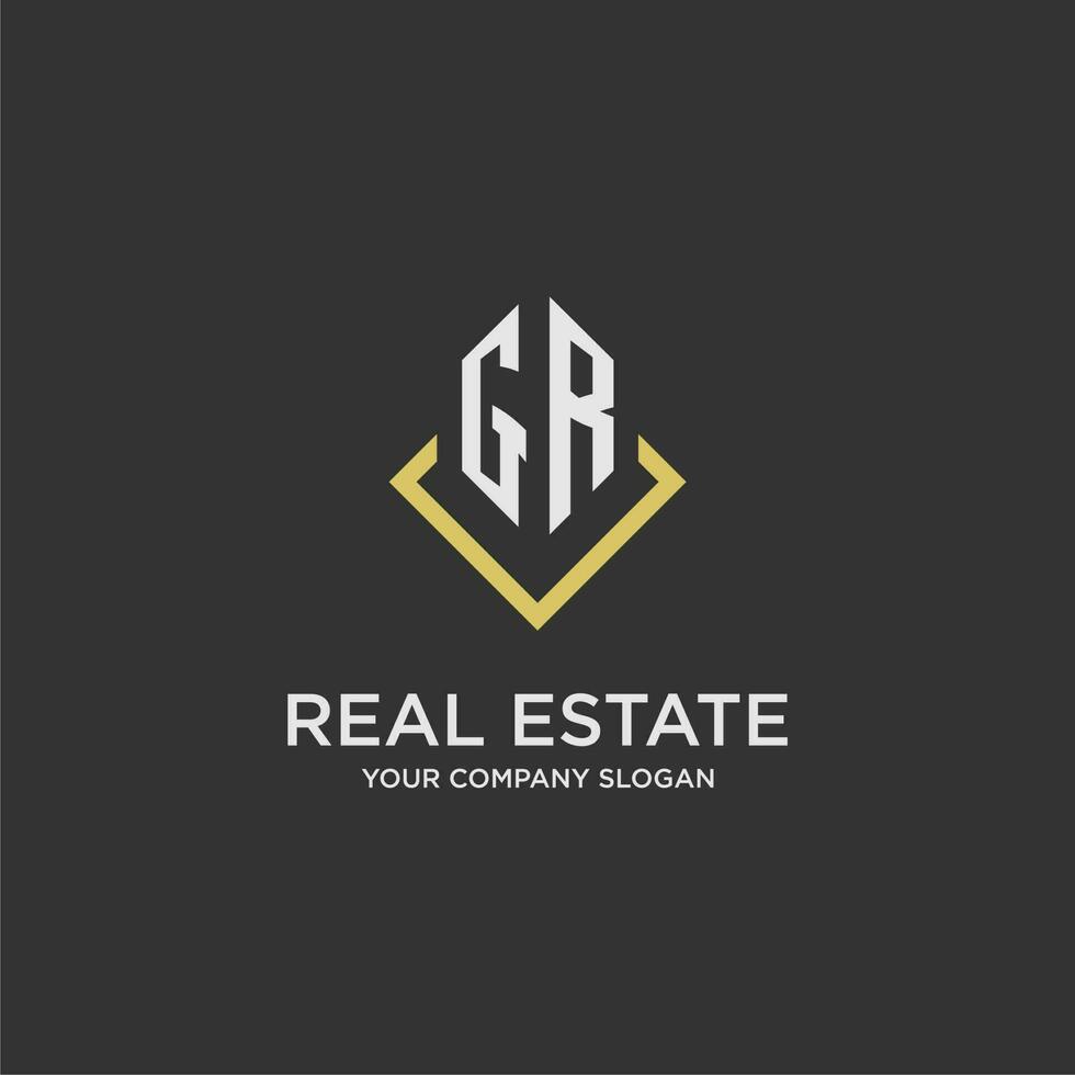 GR initial monogram logo for real estate with polygon style vector