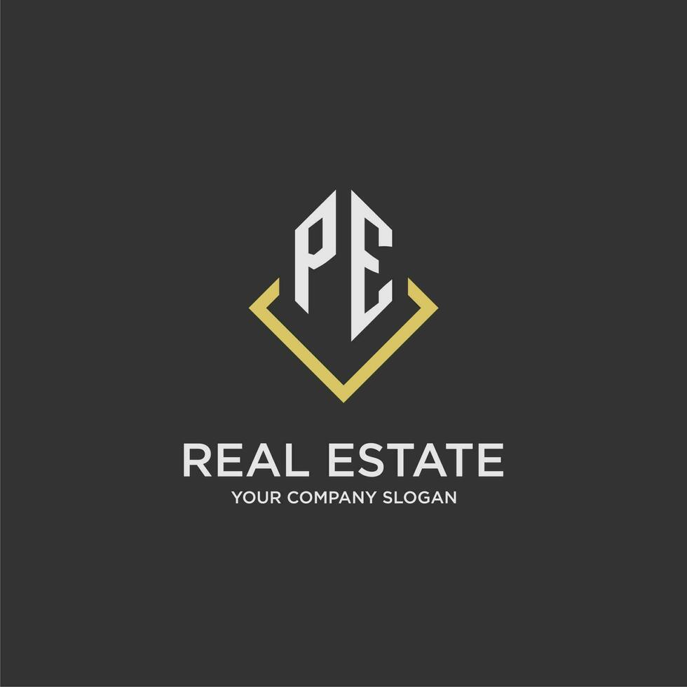 PE initial monogram logo for real estate with polygon style vector