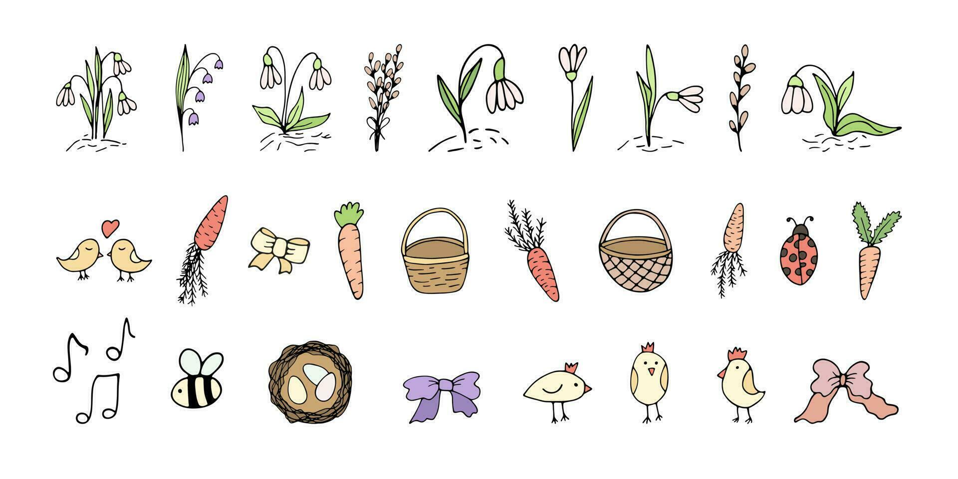 Set hand drawn easter spring clipart with flowers, carrot, bird. Color doodle vector illustrations