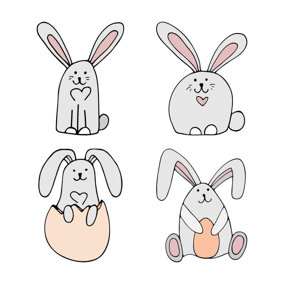 Cute doodle bunny with eggs for easter design. vector