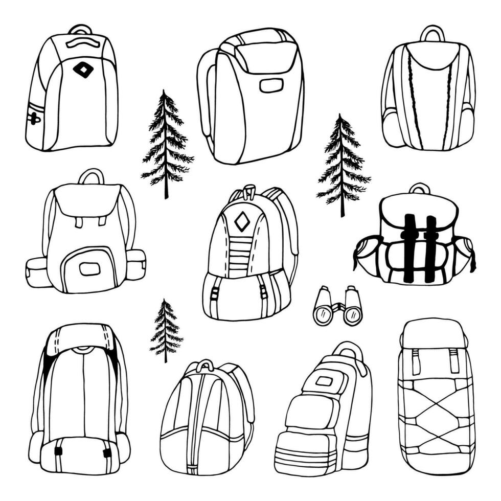 Big hand drawn vector camping backpacks clip art set. Isolated on white background drawing for prints, poster, cute stationery, travel design. High quality illustrations