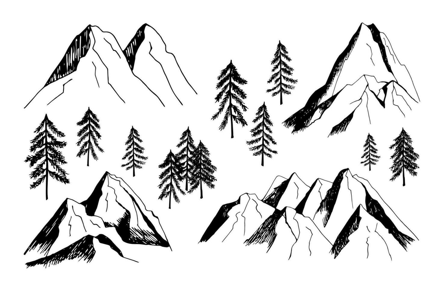 Adorable hand drawn vector mountain and trees clip art. Isolated on white background drawing for prints, poster, cute stationery, travel design. High quality landscape