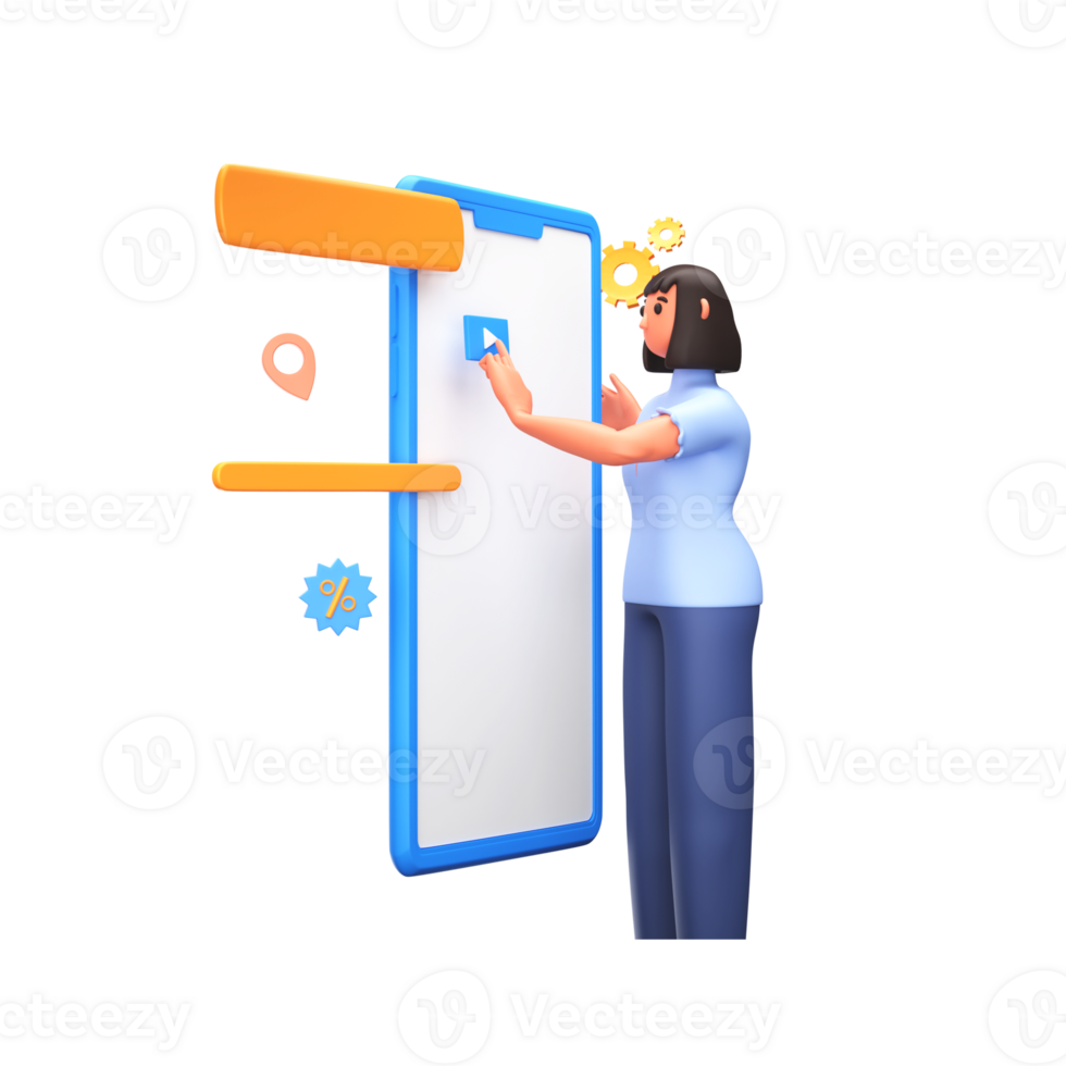 3D Render of Young Woman Touching Video Play Icon In Smartphone Screen On White Background. png