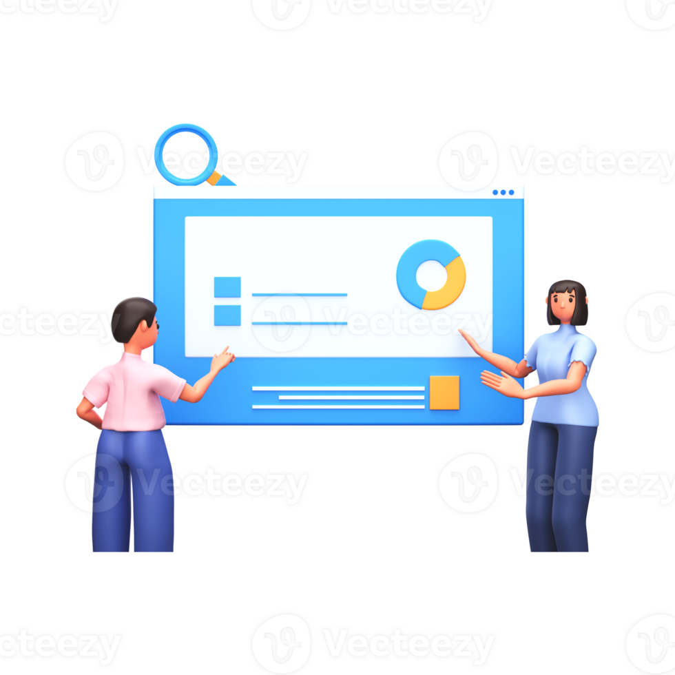 3D Render of Young Man And Woman Presenting Infographic Chart On White Background. png
