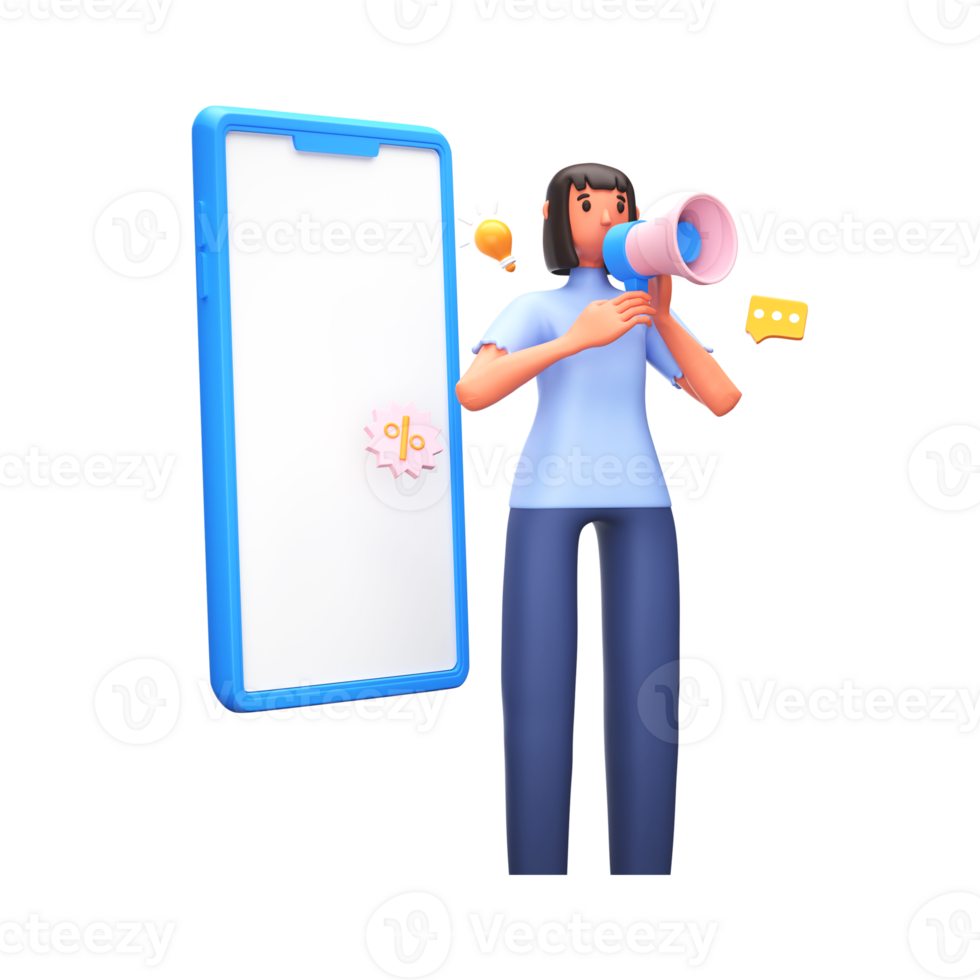 3D Render of Young Woman Announcing From Megaphone With Smartphone, Light Bulb, Chat Box On White Background. png