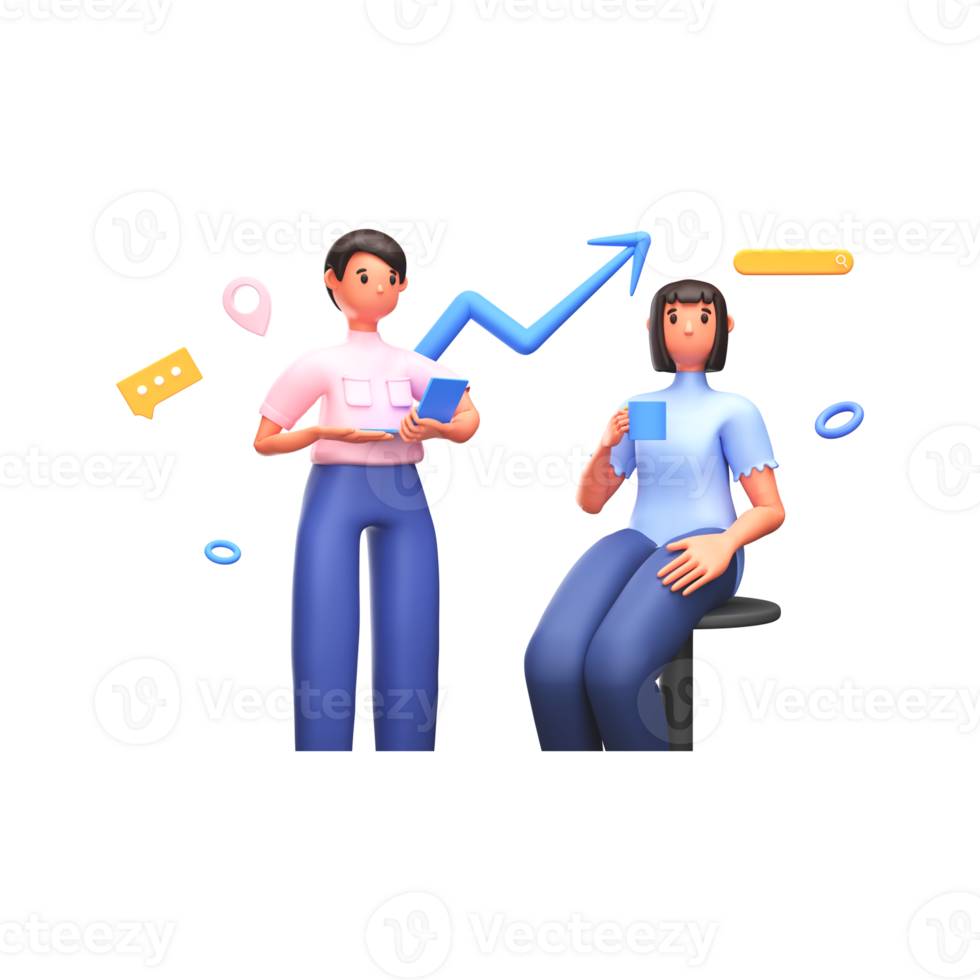 3D Render of Official Employees At Workplace With Chat Box, Location Pin, Growth Arrow Against White Background. png