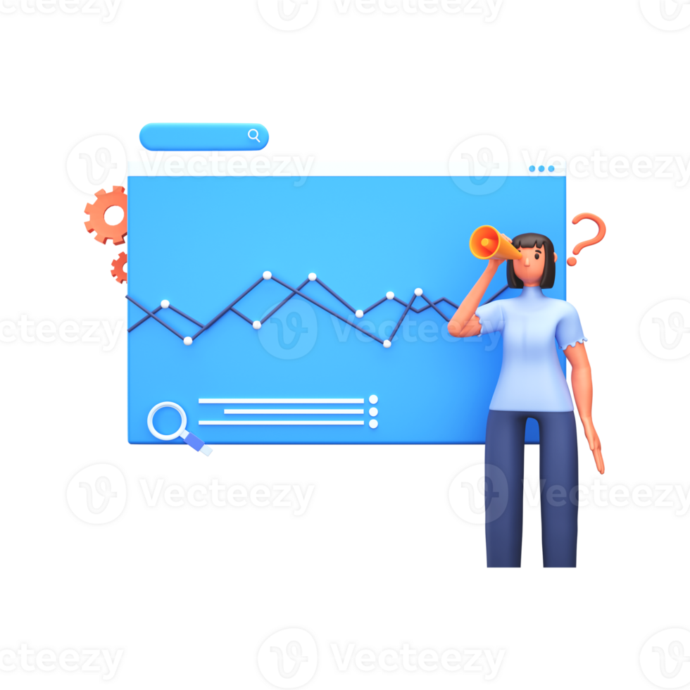 3D Render of Business Woman Searching And Presenting Statistic Chart On White Background. png