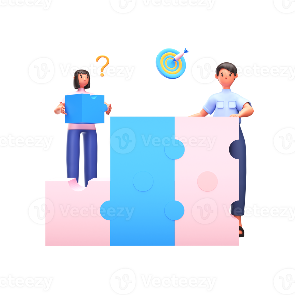 3D Render of Office Employees Connect Puzzle Pieces And Target Board On White Background. png
