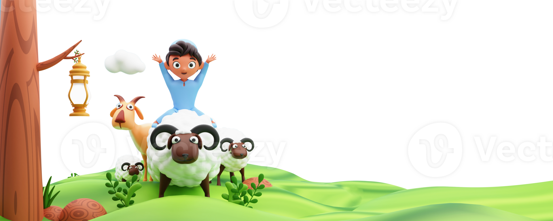 3D Illustration of Islamic Young Boy Sitting At Cartoon Sheep With Goat, Arabic Lantern Hanging Tree And Copy Space. png