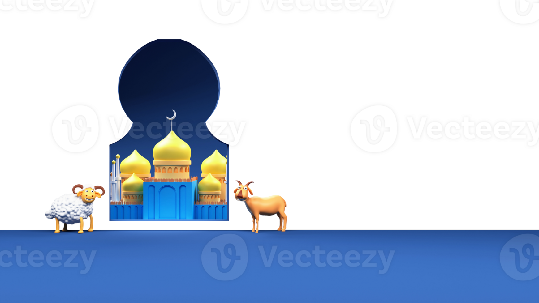 3d representación oveja con cabra, mezquita ilustración y Copiar espacio. png