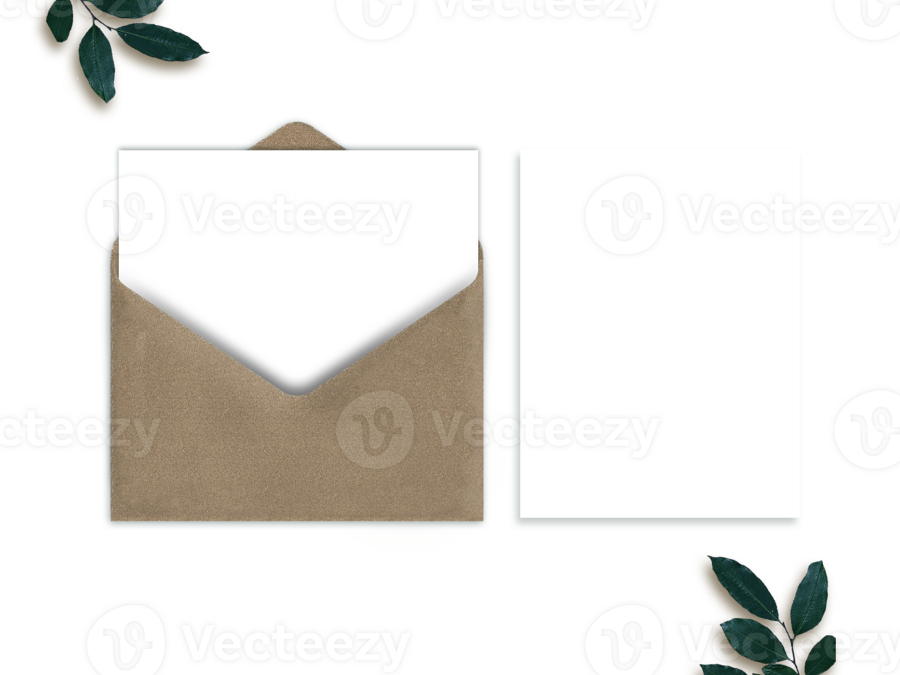 Editable Wedding Invitation Card With Brown Envelope And Leaves On White Background. png