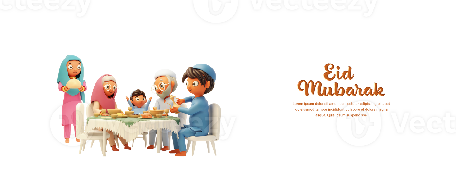 Eid Mubarak Celebration Banner Or Header Design With 3D Style Islamic Family Enjoying Delicious Foods At Dining Table. png