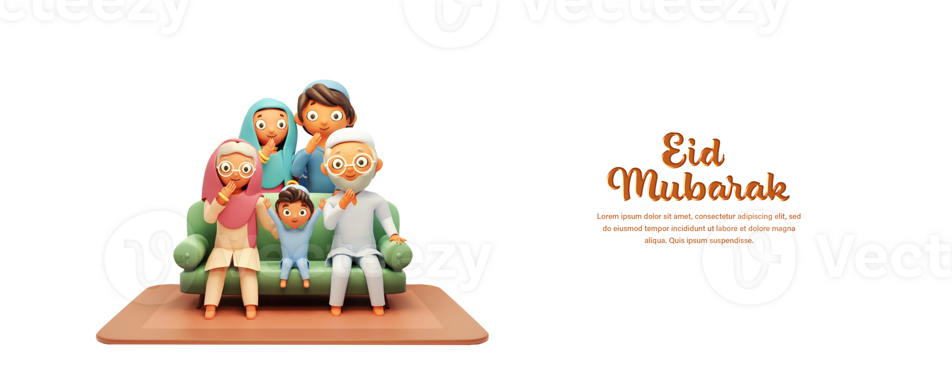 Eid Mubarak Celebration Concept, 3D Illustration of Islamic Family Sitting Together At Sofa In Aadab Pose. png