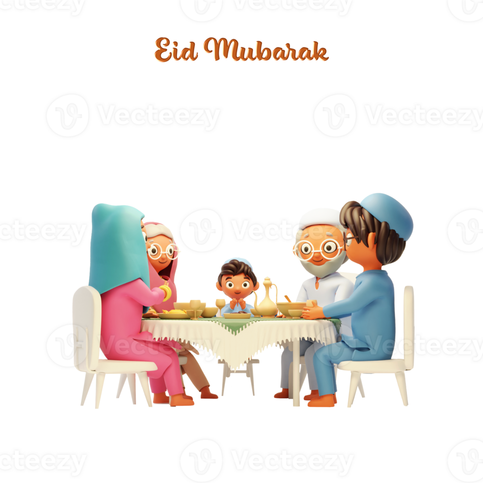 3d Islamitisch familie hebben maaltijd Bij dining tafel voor eid mubarak concept. png