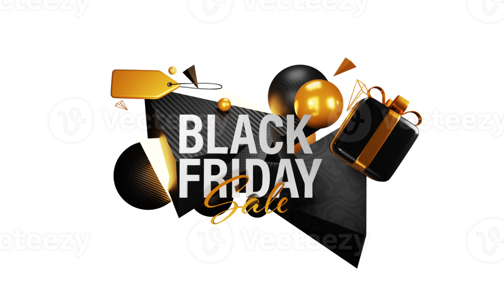 Black Friday Sale Banner Design With 3D Empty Tag, Gift Box, Balls Or Sphere On White Background. png