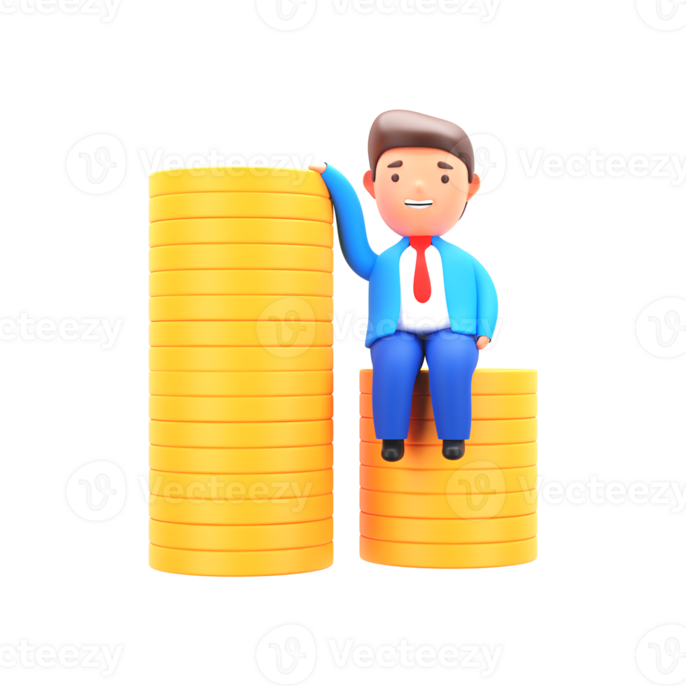 3D Render of Businessman Sitting On Stack of Coins Against White Background. png